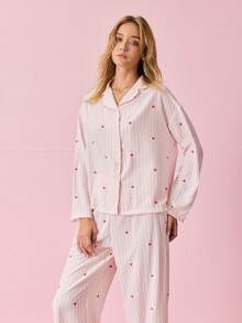 两件套女士宽松舒适透气长袖上衣和长裤睡衣套装，可爱家居服 - 粉色 - 查看 7