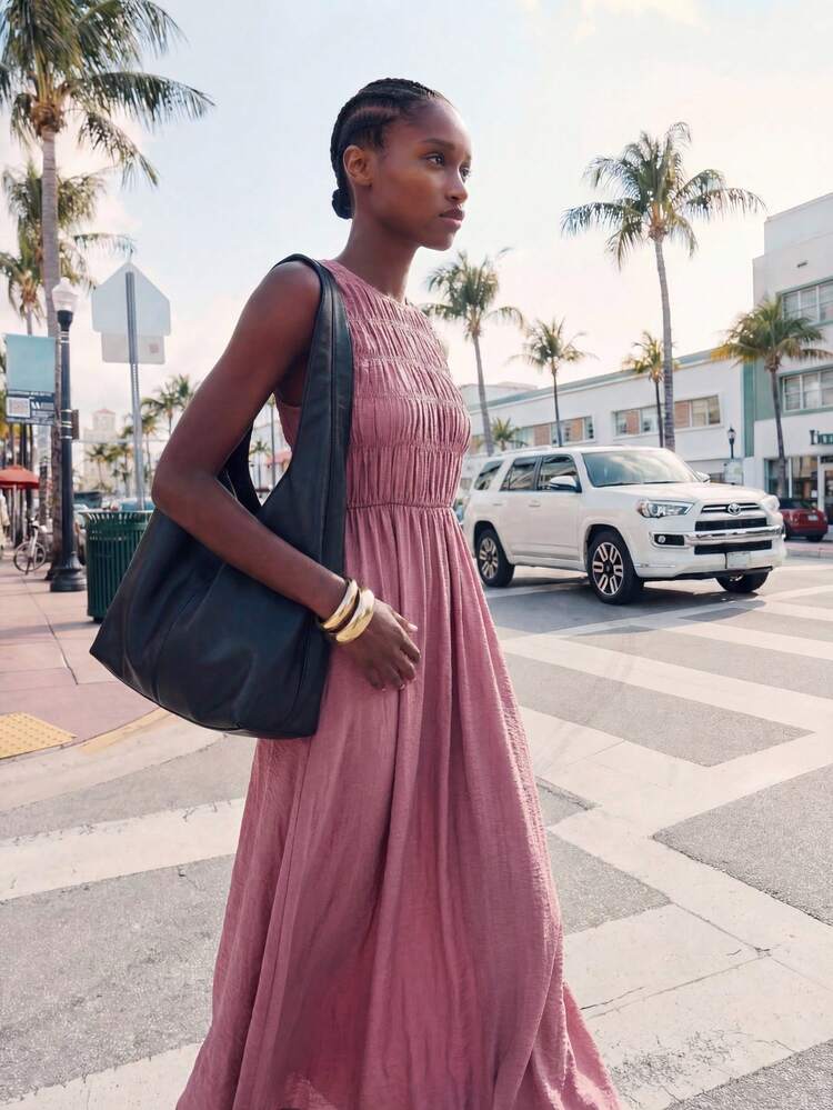 SHEIN Maija MAIJA Summer Beach Floral Smocked Ruffle Hem Flowy Maxi Dress,Pink Dress