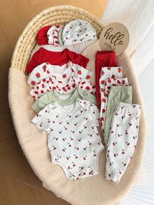 15 件套新生女婴夏季可爱针织樱桃草莓图案短袖连体衣、裤子、帽子、手套等。 - 彩色 - 查看 5