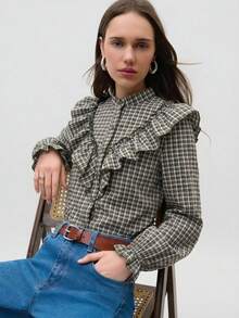 Nöista Green Plaid Autumn Cottage Core Brunch Blouse With Ruffle Trim,Button-Front Design,Long-Sleeve,Relaxed Feminine Silhouette,Spring Casual Y2K Outfit - Army Green - View 4