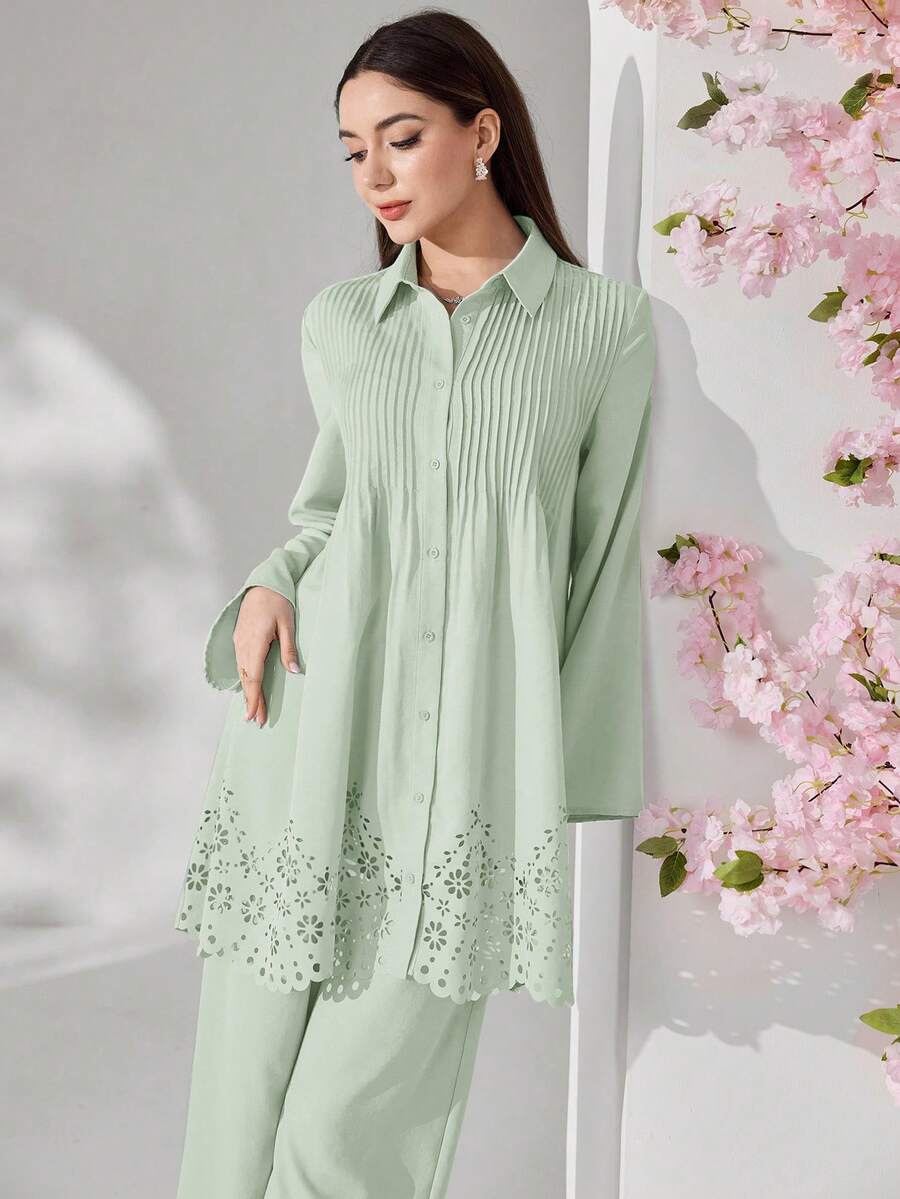 Veilorie Women's Solid Color Regular Shoulder Long Sleeve Pleated Front Button Elegant Modest Shirt Set, Summer Brunch Tea Party Garden Party Sage Green