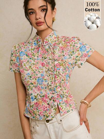 Poéselle 女士优雅小碎花印花系带衬衫，夏季