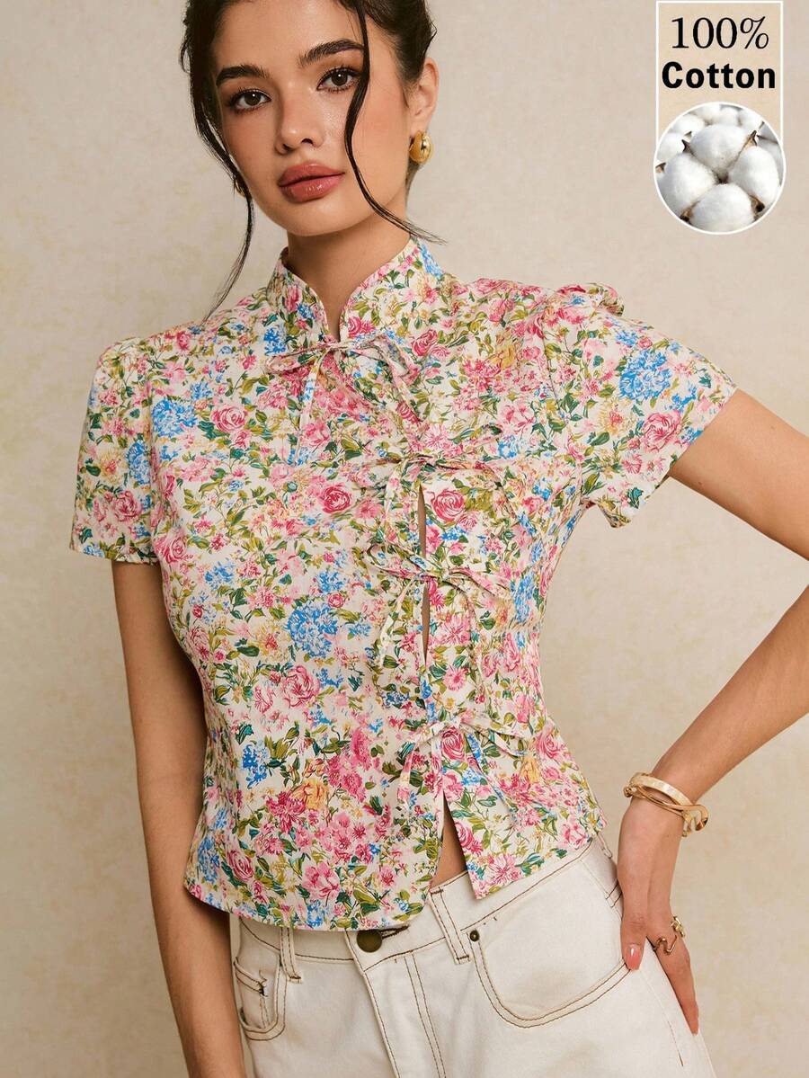 Poéselle 女士优雅小碎花印花系带衬衫，夏季 - 粉色 - 查看 1