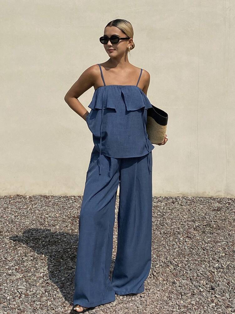 2pcs/Set Women's Fashion Ruffled Crop Camisole & High Waist Tie Waist Wide Leg Casual Pants Summer Outfit