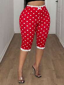 Maweii Plus Size Women Lace Trim Bow Decor Polka Dot Casual Versatile Daily Wear Skinny Capri Leggings - Red - View 8