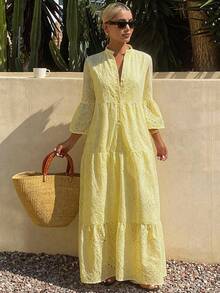 DAZY 夏季新款宽松休闲度假风女式中长连衣裙 - 黃色 - 查看 3