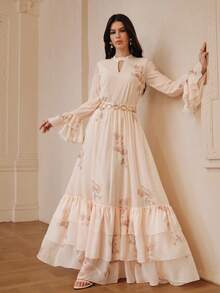 ZEYLAH FLORAL PRINT FLARE SLEEVE TOP AND RUFFLED HEM FLOWY SKIRT 2 PIECES SET - Apricot - View 1