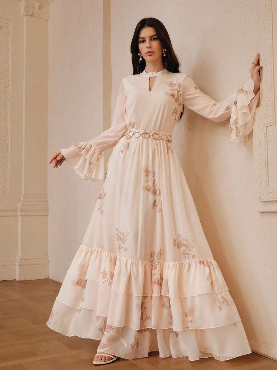 ZEYLAH FLORAL PRINT FLARE SLEEVE TOP AND RUFFLED HEM FLOWY SKIRT 2 PIECES SET - Apricot - View 1