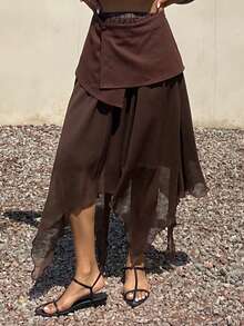 Livesso Chân váy nữ phong cách Bohemian với thiết kế vạt bất đối xứng, thích hợp cho kỳ nghỉ biển, màu nâu trơn, phù hợp cho mùa xuân và mùa hè. - Cà phê nâu - Xem 7