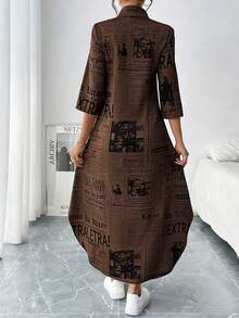 EMERY ROSE Women's Summer Slogan Print 3/4 Sleeve Casual Dress Maxi Women Outfit - Brown - View 2