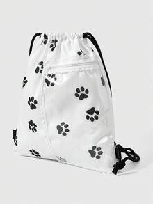 ROMWE Anime Mochila con cordón blanca de gran capacidad y multifuncional, con bolsillo con cremallera transparente, adorno de encaje de color contrastante y estampado simple de estilo kawaii y animado, adecuada para la escuela, el transporte y el ocio diario, muy linda - Pata de perro negra - Ver 6
