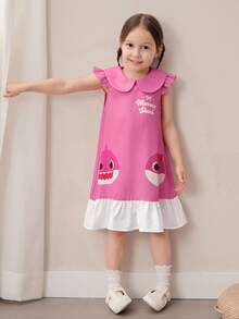 BABY SHARK X SHEIN 1 chiếc váy ngắn tay cổ Peter Pan kiểu dáng dễ thương cho bé gái - Hồng - Xem 4