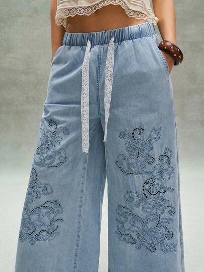 Bohemela Women's Casual Solid Color Woven Loose Wide-Leg Jeans