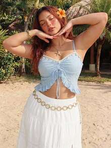 ROMWE 加大码贝壳装饰吊带背心，适合海滩度假、春夏穿着 - 藍色 - 查看 5