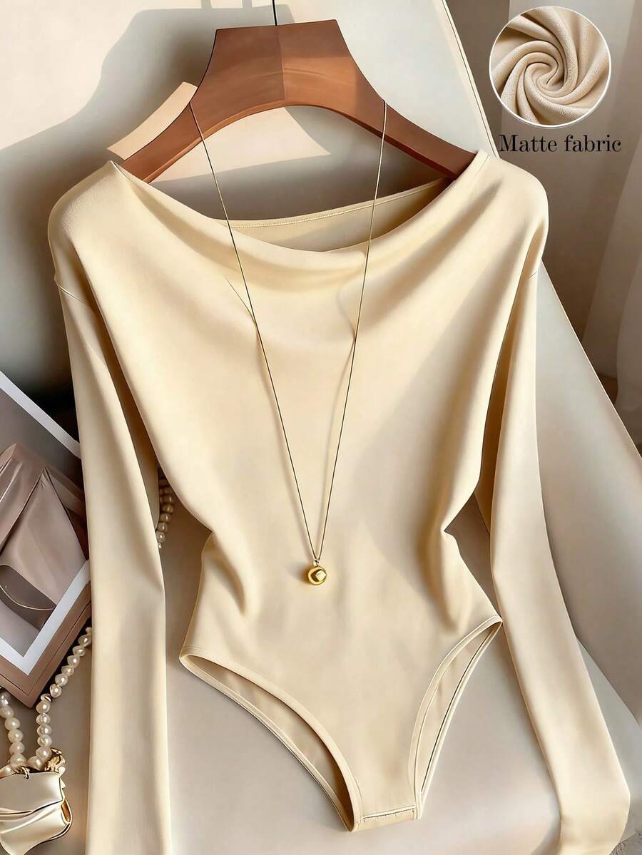 Franclia Women's Elegant Draped Collar Long Sleeve Bodysuit,Cream,Autumn,Effortless Chic,Everyday Lustrous Fabric Plain Vanilla Yellow Commuting Tops - Apricot - View 1