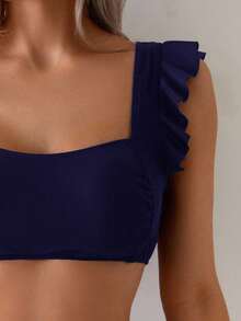 Swim Lushoire Women's Swimwear Set, Square Neck Bandeau Solid Color Set, Ruffle Strap - Navy Blue - View 4