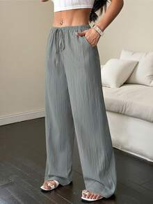 Flirla Quần ống rộng dáng suông thoải mái màu trơn dành cho nữ, có dây buộc eo và túi. - Iron Gray - Xem 5