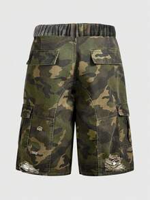 ROMWE MEN Street Life Teen Boy's Summer Casual Camouflage Flap Pocket Distressed Denim Shorts - Multicolor - View 2