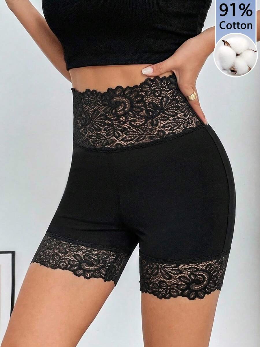 Firerie 女士91%棉黑色撞色蕾丝高腰骑行短裤 – 优雅性感,日常舒适运动装,可搭配裙装,适合外出、居家、瑜伽、上学、室内活动,甜美少女/清纯少女风格,复古风,春夏必备 - 彩色 - 查看 1
