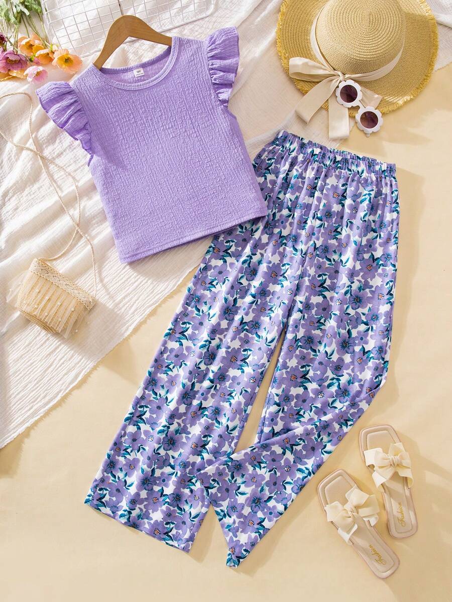 Sparklyn 2pcs Girls Purple Summer Cute Vacation Holiday Knit Textured Ruffle Sleeve Top And Elastic Waist Ditsy Floral Straight Leg Pants Set,Casual Style - Purple - View 1