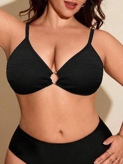 Swim SXY Áo bơi nữ cỡ lớn màu đen có họa tiết, kiểu dáng tối giản, cổ chữ V sâu, cúp ngực tam giác với điểm nhấn vòng kim loại, thích hợp cho mùa xuân/hè đi biển, tiệc bể bơi.