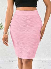 SHEIN Lady Women Pink Textured Bodycon Midi Skirt - Pink - View 6