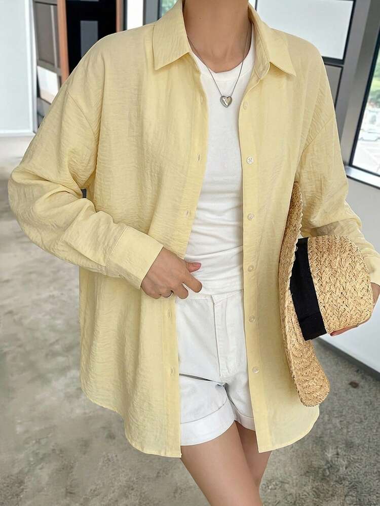 Women's Solid Color Drop Shoulder Long Sleeve Single-Breasted Casual Shirt