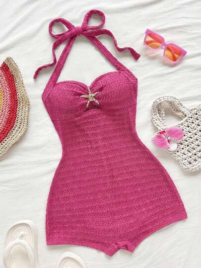 Soleia Women's Vacation Halter Tie Bow Solid Color Textured Jumpsuit, Beach Party