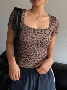 DAZY Áo thun nữ cổ vuông tay ngắn ôm sát dáng crop top mùa hè - màu đen - Xem 2