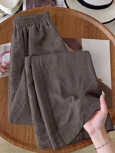 Rusticease Women's Solid Color Elastic Waist Textured Fabric Casual Straight Loose Pants Brown