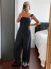 Livesso Mono de mezclilla holgado con pernera ancha, estilo patchwork a cuadros, con bolsillos, estilo casual de calle para el verano - Azul - Ver 4