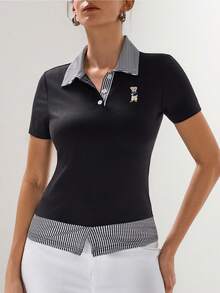 Briarwyn 女士条纹拼接 Polo 领卡通熊印花短袖休闲 T 恤 - 黑色 - 查看 4