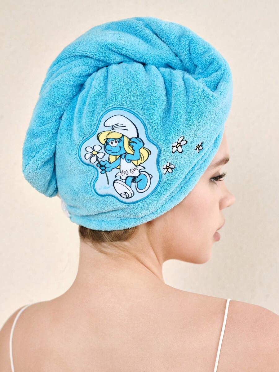 SHEIN X The Smurfs 1Pc Cartoon Embroidered Dry Hair Cap, Blue Sister Pattern Made Of Super Absorbent Material, Suitable For All Hair Volumes And Lengths, Dry Hair Towel - Blue - View 1