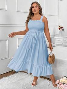 SHEIN PETITE CURVE Đầm maxi cỡ lớn màu trơn, dây mảnh, eo thắt - Màu xanh lam - Xem 4