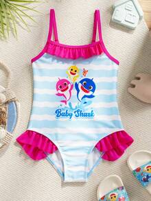 BABY SHARK X SHEIN Bộ đồ bơi liền thân in hình hoạt hình dành cho bé gái, viền bèo nhún. - Xanh và trắng - Xem 2