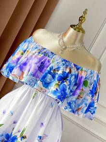 Rometta 大码彩色印花露肩荷叶边收腰喇叭长连衣裙，优雅适合约会、派对、外出、下午茶、度假等场合。 - 彩色 - 查看 4