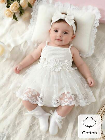 SHEIN 2pcs Newborn Baby Girl Set | Ribbed Fabric, Includes Suspender Dress + Shorts, 3D Floral Decor + Ruffle Trim, Sweet & Elegant Style, Suitable For Holidays/Parties, Adorable Outfit For Outings & Photoshoots Baptism Dresses For Girls Newborn Baby Girl Dresses Baby Photoshoot Dress White Baby Dress