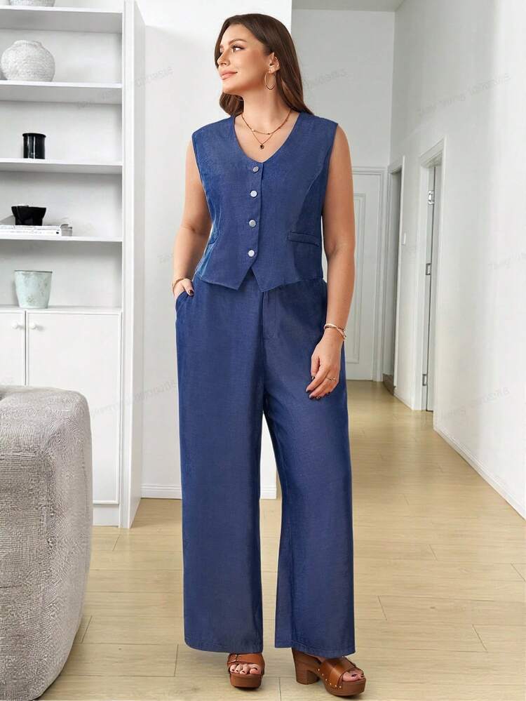 2pc Set  Plus Size Women's Summer Casual Vacation Country  Solid Color Faux Denim Blue Sleeveless Jacket And Pants 2 Piece Set With Pockets, Spring/Summer,Summer\Vacation,Summer Holiday,Spring Break Outfits ,Vacation Outfits Women ,Holiday Outfits For Women,Going Out Outfits,2026 New Clothes,Simple And Fashionable For Everyday Wear,Suitable For Summer, Vacation, Daily Wear,Modest Two Piece Set, Plus Size Summer Sets,Plus Size Pants Set,Boho Set,Boho Pants Set For Women,Wide Leg Pants Set,2 Piece Casual Sets Woman, Two Piece Set Women Comfy,Casual Home Set, Casual Sets For Women , 2 Piece Sets Woman Elegant, Lounge Sets For Women Summer,Office Outfits For Women,, Formal Attire For Women