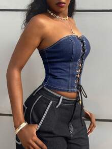 StreetHx Áo corset denim buộc dây, khoét lỗ, phong cách đường phố thường ngày, gợi cảm. - Rửa trung bình - Xem 7