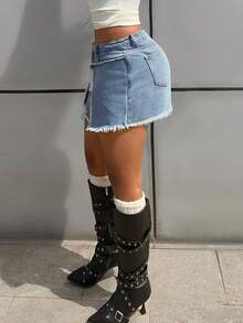 StreetHx Chân váy ngắn denim hình ngôi sao phong cách retro, thời trang, giản dị, đa năng dành cho nữ. - Rửa nhẹ - Xem 6