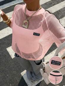 Muchica 女款休閒街頭風百搭日常穿搭T恤，粉黑配色上衣，甜美街頭風最新女款上衣，夏季新品休閒復古網紗上衣，商務休閒街頭風新T恤 - 粉色 - 查看 6