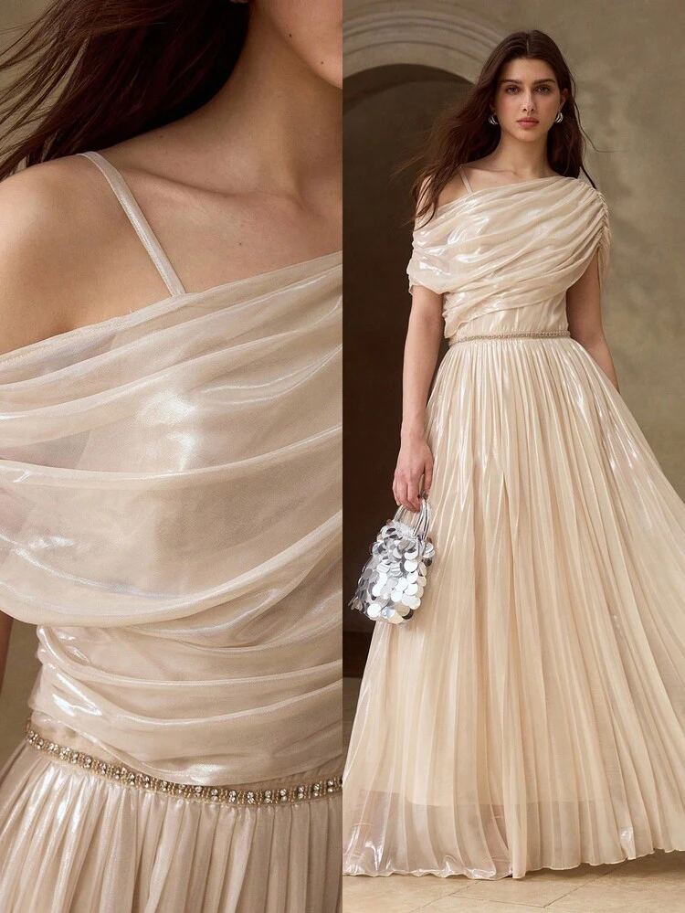 ELEGANT ASYMMETRICAL NECK LONG DRESS FOR WOMEN