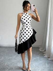 Elenzga Sleeveless Asymmetrical Hem Elegant Sexy Women Dress - White - View 6