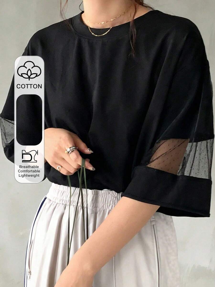 FRIFUL Women's Casual Solid Color Mesh Patchwork T-Shirt, Summer - Black - View 1