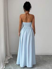 SHEIN PETITE Đầm hở lưng cổ yếm in họa tiết sọc gợi cảm thời trang nữ - Màu xanh lam - Xem 2