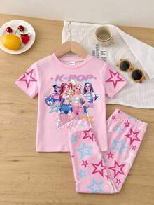 Tenue d'intérieur décontractée minimaliste pour fille préadolescente, manches courtes et pantalon long, convient pour le printemps/été, coupe ajustée, motif de dessin animé, fille préadolescente - Multicolore - Voir 4