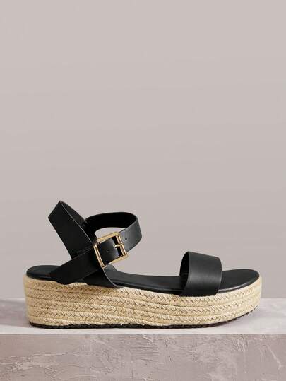 Styleloop 女士时尚圆头厚底黑色踝带舒适透气休闲麻绳坡跟凉鞋，适合日常通勤、度假旅行，田园波西米亚风情。