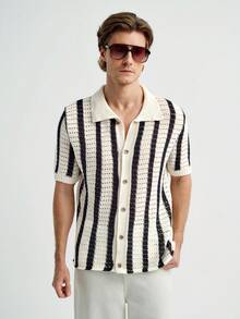 MENRIVO 男士条纹短袖镂空单排扣休闲针织上衣 - 彩色 - 查看 1