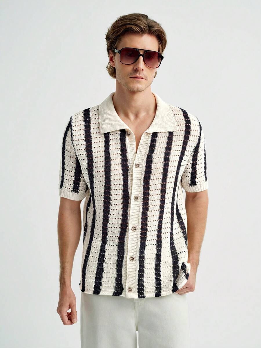 MENRIVO 男士条纹短袖镂空单排扣休闲针织上衣 - 彩色 - 查看 1
