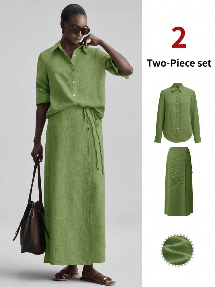 2026SS New Woven Fabric 2 Pieces Set, Button Design Shirt And Side Tie Waist Skirt, Suitable For Valentine's Day, Wedding Season, Independence Day, Urban Chic, Minimalist Fashion, Commute, Valentine's Day, Wedding, Wedding Guest Attire, Holiday Outfit, Romantic Valentine's Day, Design Elements, Elegant, Teacher's Day Outfit, Tea Party, Party Wear, Casual Loose Daily Women's Bestseller Solid Color, Office Outfit, Holiday Wear, Back To School Light Vacation Style, Daily Wear, Women's Spring Summer Casual, Fashion Versatile 2 Pieces Set